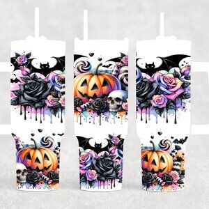 40oz Fall Halloween Pumpkin, Skull, Black Roses insulated Tumbler